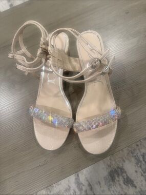 Nude Crystal-Embellished Ankle-Strap Heels